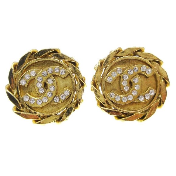 CHANEL CC Logos Button Motif Rhinestone Earrings Clip-On 23 Gold 17257 - Picture 1 of 4